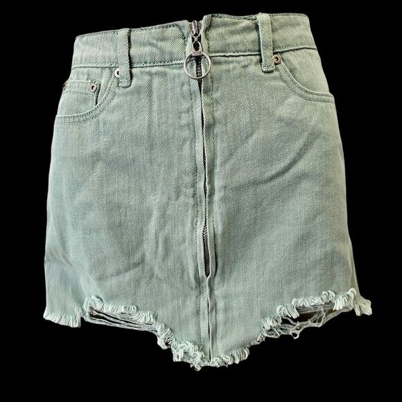 Dance&Marvel Teal Denim Skirt Distressed Asymmetric Hem Full Zip Womens S NEW - Picture 1 of 7